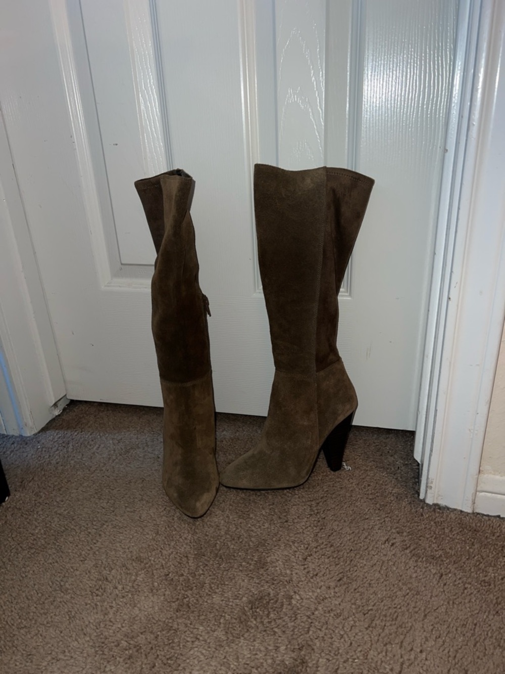 Vince Camuto Olive Suede Knee-High Stacked Heel Boots